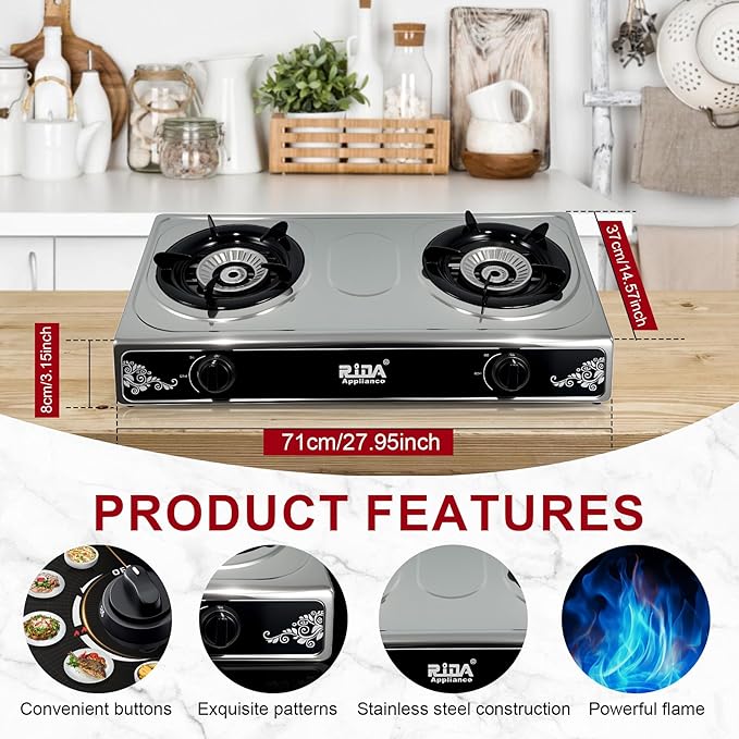 2 Burner Propane Gas Stove, Portable Stainless Steel Camping Stove with Auto-Ignition, Propane Burners for Cooking, Outdoor, Camping, RV & Emergency Use