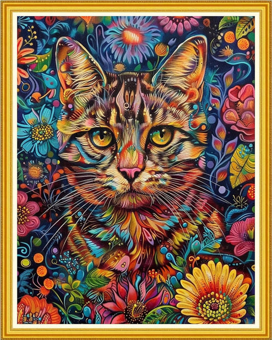 Magxvouy Cross Stitch Kits Stamped Full Range of Embroidery Kits,Cross Stitch Patterns Needlework Kits for Beginners 11CT Printed Kits&Colorful Flower Cat 16x20 inch