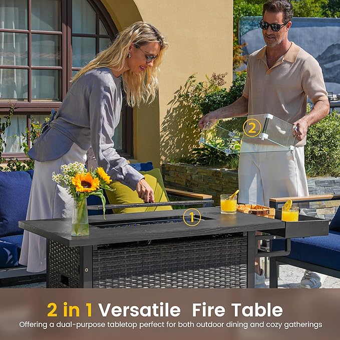 Sundale Outdoor 52 Inch Outdoor Fire Pit Table, 50,000 BTU Propane Fire Pits with Storage Shelf, Glass Wind Guard and Lid, Wicker Patio Gas Fire Pit for Outside Patio and Garden, CSA-Listed(Grey)