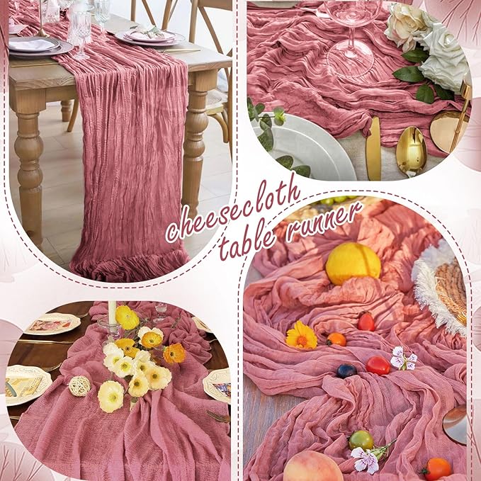 8 Packs Cheesecloth Table Runner 10FT Long Boho Gauze Fabric Table Runner Vintage Rustic Sheer Runners for Wedding Party Bridal Baby Shower Table Decorations (Dusty Rose)