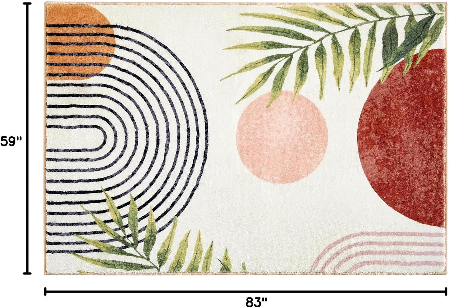RoomTalks Mid Century Modern Washable Rug, Boho Cute Aesthetic 5x7 Area Rugs for Bedroom Dining Living Room Kitchen, Abstract Tropical Leaves Non Slip Thin Indoor Entryway Rug Accent Floor Carpet