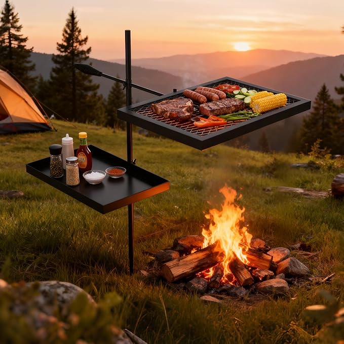 ABSCONDO Height-Adjustable Campfire Grill grate, Swivel Fire Pit Grilling Grate, Heavy Duty Portable Over Fire Cooking Grate with Handbag for Outdoor Camping Hiking Backpacking and Family Gatherings