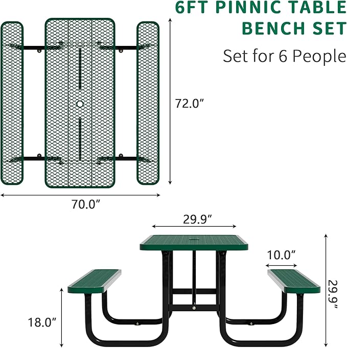 6FT Rectangular Metal Picnic Table for Outdoors, Commercial Steel Metal Picnic Tables, Heavy Duty Sturdy Picnic Tables Furniture Set for Patio Garden Courtyard BBQ, with Umbrella Hole, Green