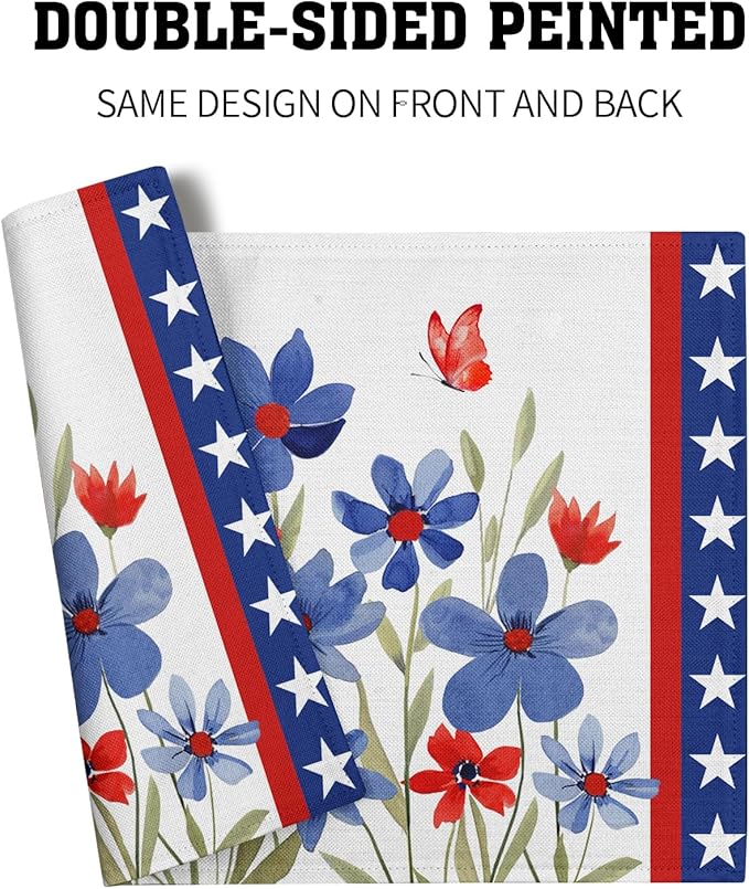 Giwawa 4th of July Placemats Set of 4 Watercolor Patriotic Flowers Stars Table Mats 12x18 Inch Independence Day Floral Heat Resistant Washable Linen Place Mat for Kitchen Dining Party Decor