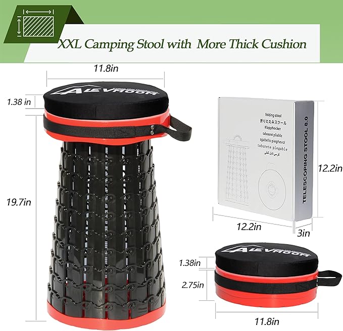 ALEVMOOM Upgraded XXL Collapsible Stool with Cushion 19.7",1000lbs Max Weight,Wider & Taller Pop Up Seat, Heavy Duty Portable Retractable Folding Stool for Camping & Outdoors (Red)