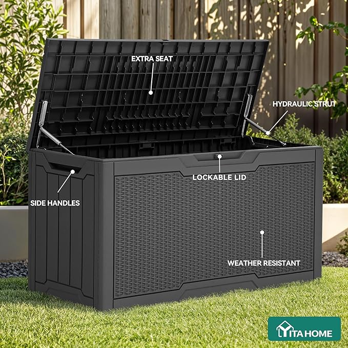 YITAHOME 80 Gallon Resin Deck Box, Weather Resistant Outdoor Rattan Storage Box, Lockable Indoor Outdoor Storage for Supplies and Essentials, Dark Gray