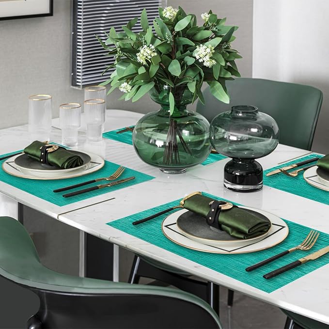 Woven Vinyl Placemats Set of 8 Wipe Clean PVC Heat Resistant Place Mats Durable Waterproof Stain Resistant Indoor Outdoor Table Mats(Turquoise)