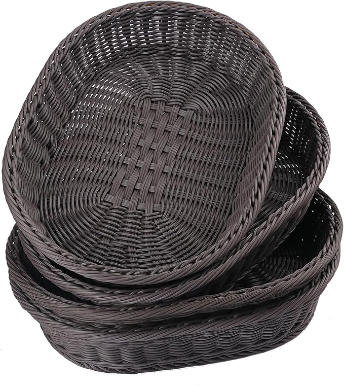 4 Pack 15.7 Inch Oval Poly Wicker Baskets, Plastic Oval Wicker Baskets, Rustic, Durable & Easy-Cleaning Wicker Bread Basket, for Home, Restaurant & Hotel Use, Coffee