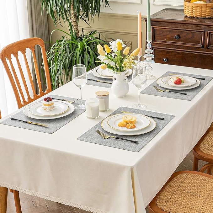 Romanstile Vinyl Placemats Set of 8-12 X 17 Inch - Heat Resistant Place Mats 100% Waterproof Oilproof Wipeable Reversible Faux Leather Table Mats for Kitchen, Dining, Party, Outdoor, Light Grey