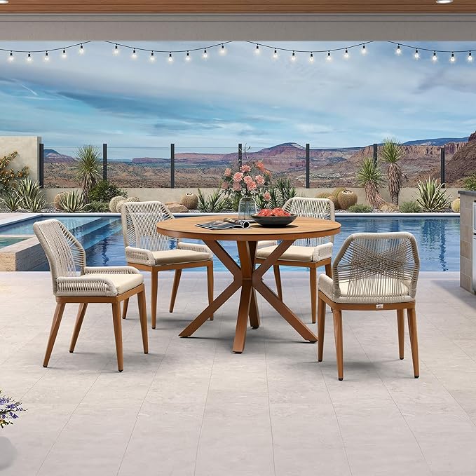 PURPLE LEAF 5 Pieces Round Dining Set Patio Aluminum Modern Oversize Round Table and Wicker Chairs with Cushions for Kitchen Porch Garden Outdoor Furniture Sets