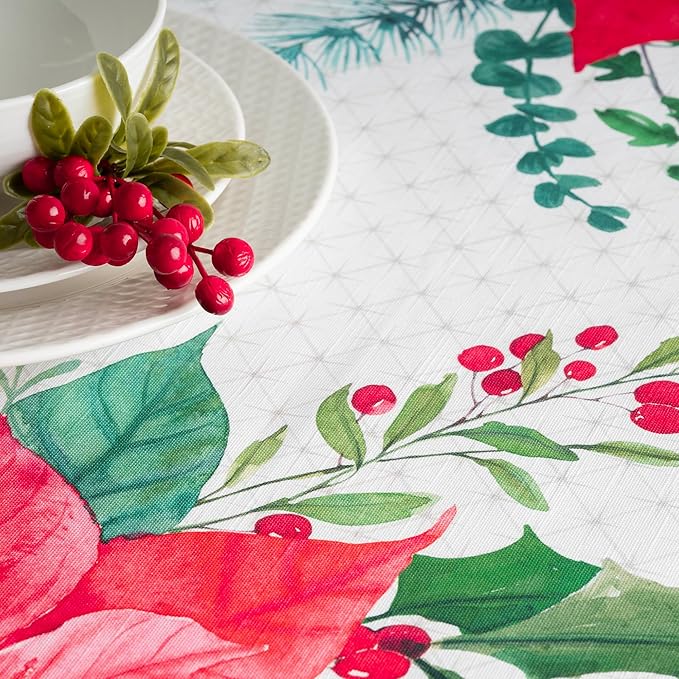Maison d' Hermine Table Cloth Rectangle Table 100% Cotton 70 x 108 Inches Fall Tablecloth Reusable Everyday Use for Thanksgiving Christmas Decorations Dining Farmhouse Party (Poinsettia Christmas)