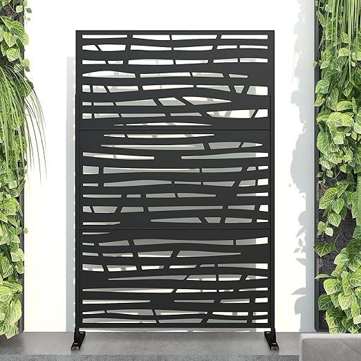 Casaphoria Metal Privacy Screen Outdoor, 72" H x 47" W Freestanding Decorative Privacy Screen for Patio Deck Balcony Garden with Stable Base, Black-Jungle
