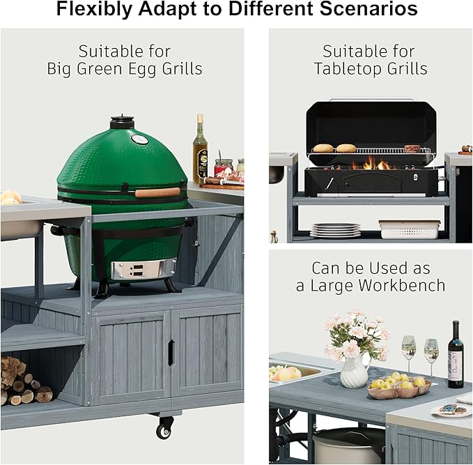 75.4" Outdoor Kitchen Grill Cart with Sink, Solid Fir Wood Island for XL Egg Grills, Rolling BBQ Bar Cart with Stainless Steel Top & Storage, Brown
