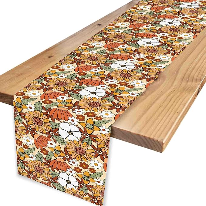 70s Floral Table Runner, Retro Groovy Hippie Oange Floral Funky Daisy Trippy Coffee Table Center Decor for Home Kitchen Dining Patio Holiday Party Indoor Outdoor Table Decorations, 13"x90" Inch