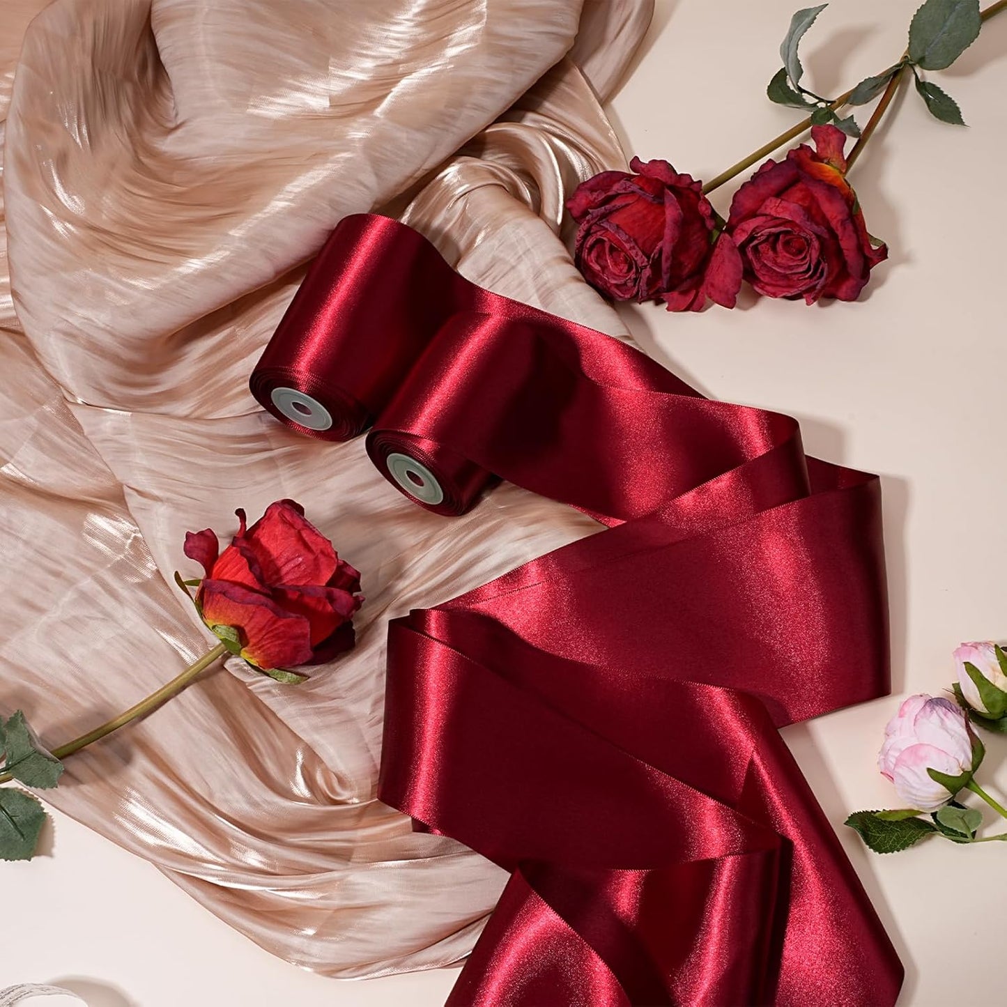 LaRibbons Red Satin Ribbon 4 Inch 10 Yards Christmas Ribbons Double Faced Luxury Burgundy Silk Ribbon for Gift Wrapping Flower Bouquets Bow Christmas Wedding Party Decoration