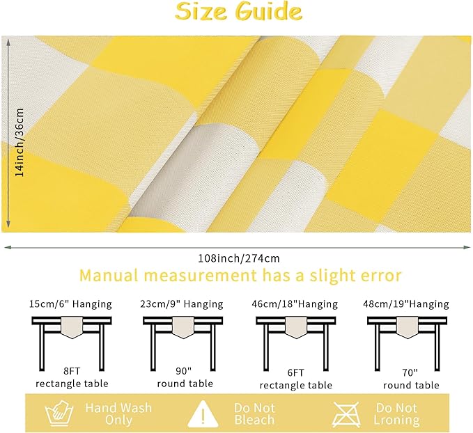 Fabric Checkered Table Runner 12 Pack Waterproof Gingham Table Runner 14W x 108L Buffalo Check Table Runners for Parties Kitchen Dining Wedding Banquet (Yellow and White)