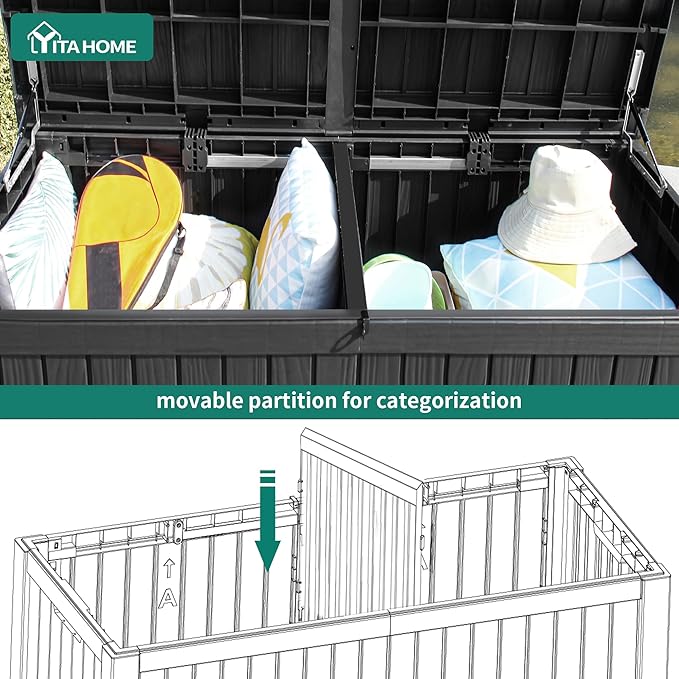 YITAHOME 150 Gallon Large Deck Box w/Divider, XL Waterproof Outdoor Storage for Patio Furniture,Outdoor Cushions, Garden Tools, Sports Equipment and Pool Supplies, Resin, Lockable, Black