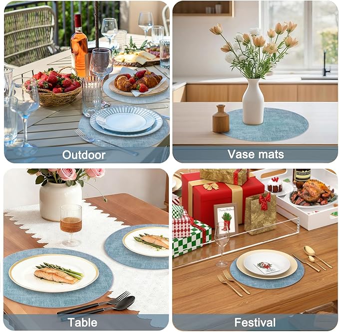 Round Faux Leather Placemats and Coasters, Set of 4, Reversible Heat Resistant Non-Slip Table Mats, Waterproof Wipeable Place Mats for Dining Table, Washable for Indoor & Outdoor (4, Blue)