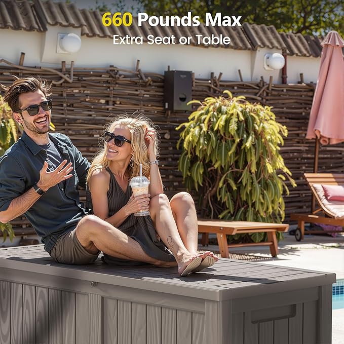 Zapdos Outdoor Storage Box, 120 Gallon Deck Box with Stainless Steel Rods, Waterproof Large Resin Storage Bin for Patio Cushions Garden Tools, Lockable, Fade Resistant, Grey