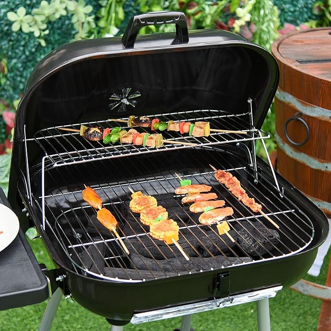 21 Inch Portable Charcoal Grill with Wheels and Bottom Shelf, Outdoor BBQ Smoker with Adjustable Lid Vents, Charcoal Barbecue for Picnic, Camping, Patio & Backyard