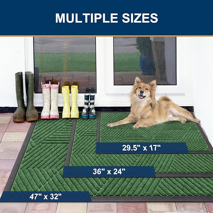 Smiry Front Door Mat Outside Entrance, Heavy Duty Sturdy Natural Rubber Doormat, Trap Dirt and Moisture, Easy Clean Low Profile Mats for Indoor Outdoor Entry, Irregular Triangle (59x35, Green)