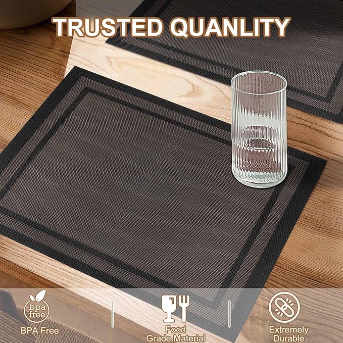 BETEAM Placemats Set of 6, Woven Vinyl Placemat for Dining Table Washable Wipeable Kitchen Place Mats Durable Indoor Outdoor Table Mats