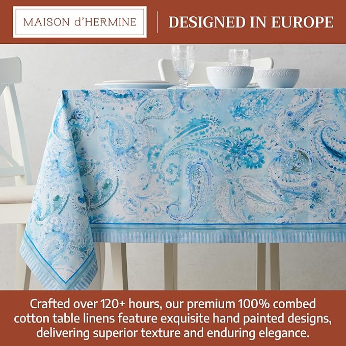 Maison d' Hermine Premium Table Cloth Rectangle Table 100% Combed Cotton 120 x 70 Inches Tablecloth Reusable Decorative for Dining Room, Farmhouse, Home, Party, Festive & Wedding - Paisley Blues