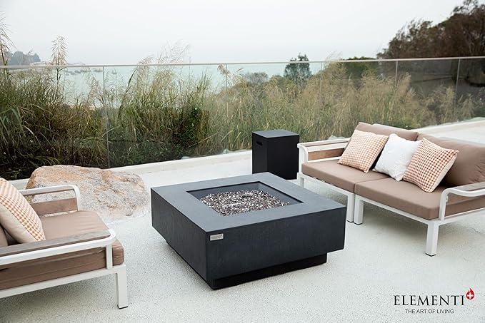 Elementi+ | Bundle Bergen Gas Fire Pit Cast Concrete 40" Square Fire Table, Outdoor Fire Pit Electronic Ignition | Canvas Cover, Fire Glass and Burner Lid Included | Dark Gray | Natural Gas
