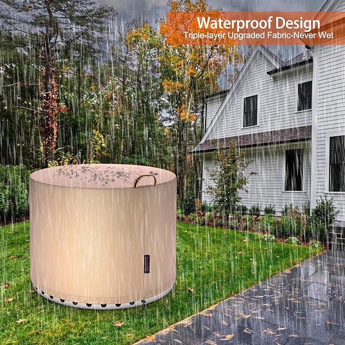 QH.HOME [2025 Upgraded 900D Fabric] Fire Pit Cover Round for Solo Stove Bonfire 2.0, Strong Tear Resistant,Waterproof Firepit Accessories for Gas/Table/Bowl Fire pits - 21" D X 15" H - Wheat