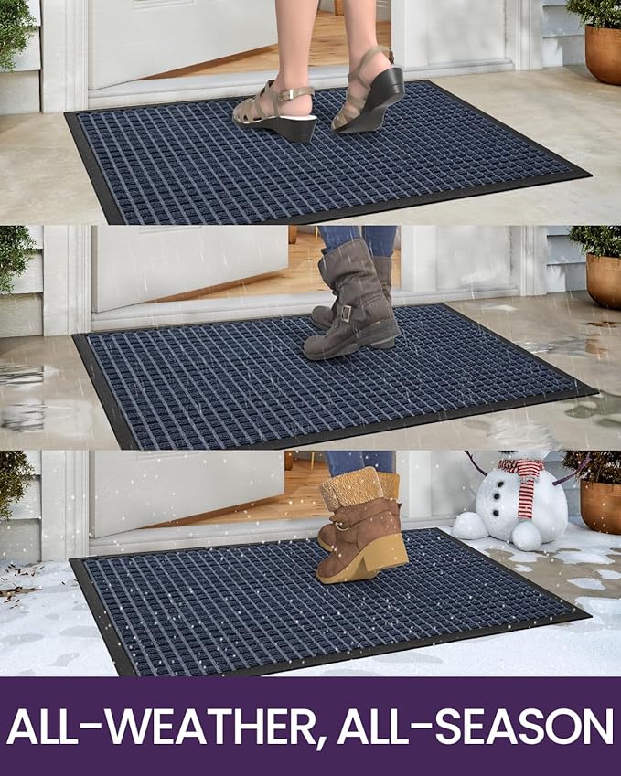 DEXI Front Door Mat Outside Entrance, 4x6 ft Large Rubber Entry Doormat Heavy Duty, Welcome Mats Non Slip for Inside House Floor Entryway Double Doors Exterior Patio, Squares Blue