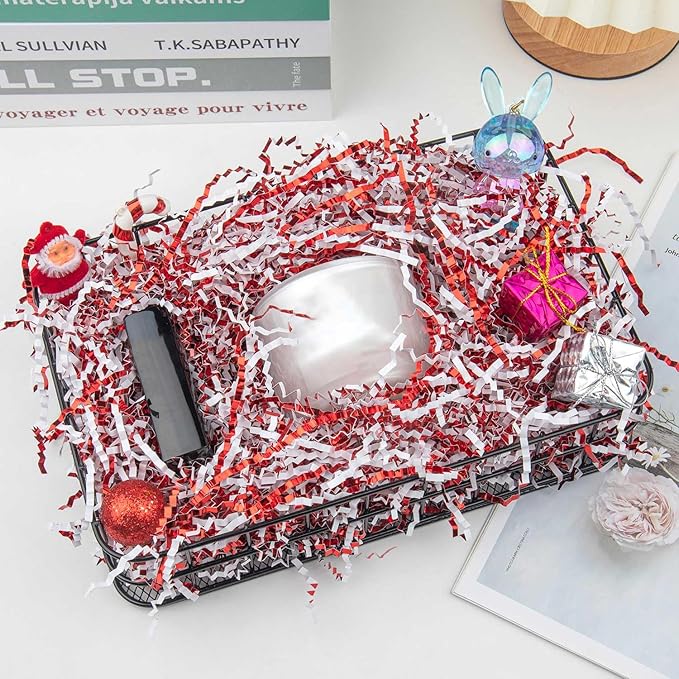 Caleihd 4.5oz Crinkle Cut Paper Shredded Filler Paper for Gift Baskets Gift Box Confetti Paper Shreds Decoration Stuffing for Birthday, Weddings, Anniversaries, Christmas Wrapping Red&White