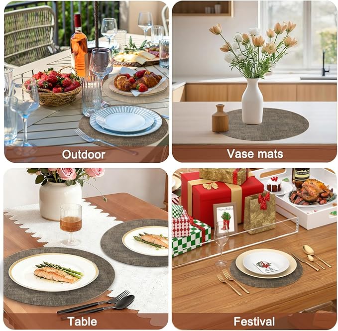 Round Faux Leather Placemats and Coasters, Set of 8, Reversible Heat Resistant Non-Slip Table Mats, Waterproof Wipeable Place Mats for Dining Table, Washable for Indoor & Outdoor (8, Dark Brown)
