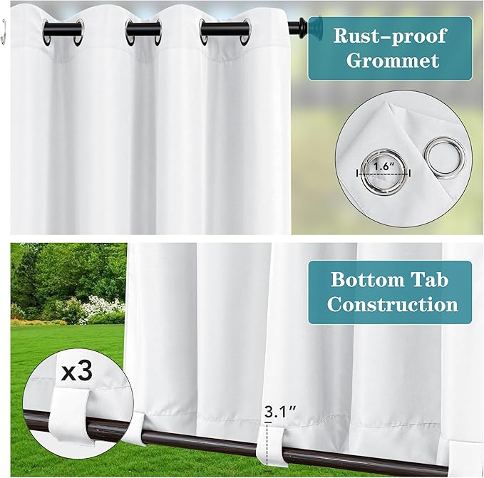 HolidayIdeas 4 Panels Gazebo Curtains Waterproof-Outdoor White Curtains 54x84 Inch-Windproof Weatherproof Privacy Curtain-Grommet Top and Tab Bottom Drape for Patio, Porch, Pergola, Cabana