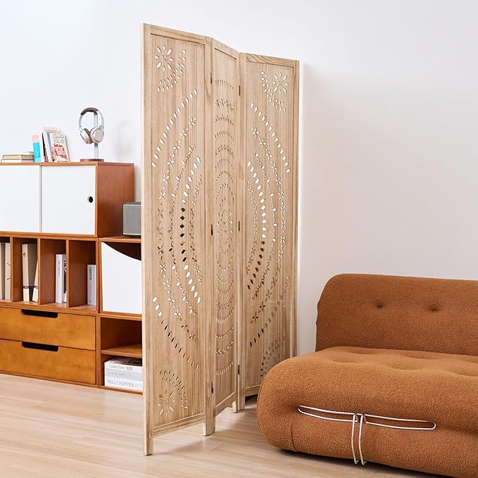 66.9Inch Folding Room Divider, 3 Panels Wood Carved Privacy Screens, Free Assembled Freestanding Partition for Home Office Restaurant Bedroom (Natural)