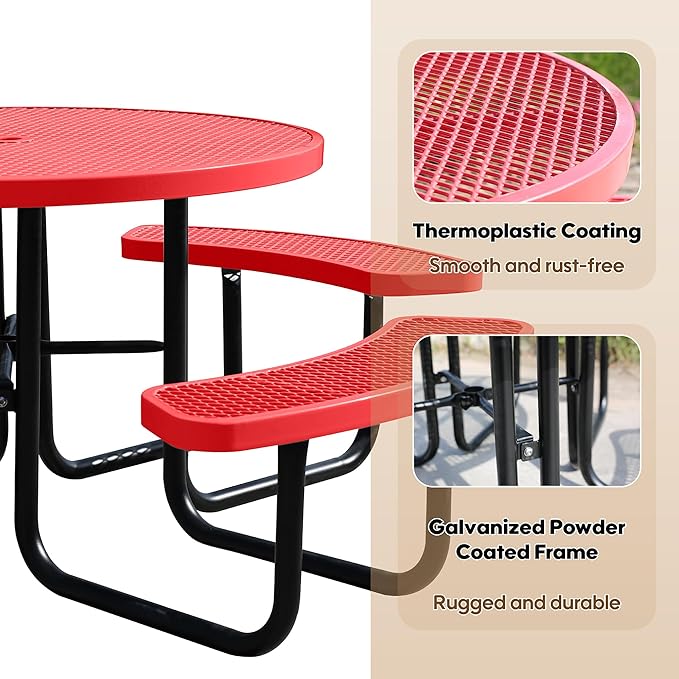 46'' Round Metal Picnic Table for Outdoors, Commercial Steel Metal Picnic Tables, Heavy Duty Sturdy Picnic Tables Furniture Set for Patio Garden Courtyard BBQ, with Umbrella Hole, Red