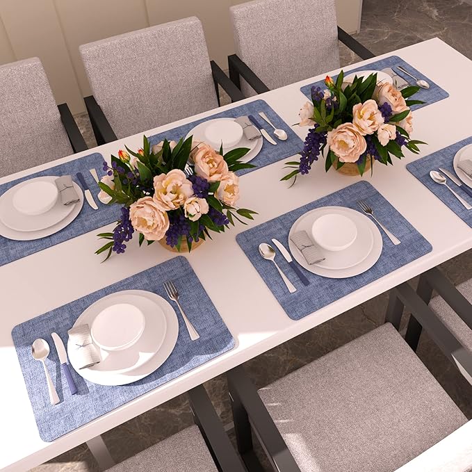 Maxpearl Faux Leather Placemats Set of 6 - Waterproof - Wipe Clean - Heat Resistant - Anti Slip Dining Table Place Mats, Suitable for Indoor & Outdoor Use, 17’’×12’’, Blue