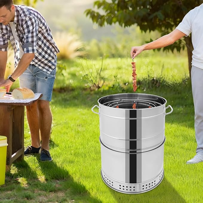 Portable Charcoal Grill, 360° Stainless Steel BBQ Grill Barrel with 50 Skewers & Oil Tray, Outdoor Barbecue Grill for Camping, Backyard, Picnic, Travel
