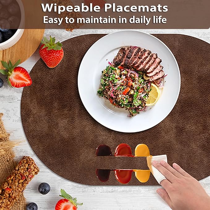 ADRIMER Placemats, Heat Resistant Oval Placemats Set of 12 Washable 12 x 17 Inch, Waterproof Table Mats, Wipeable Pu Place Mats for Kitchen, Dining Room, Brown