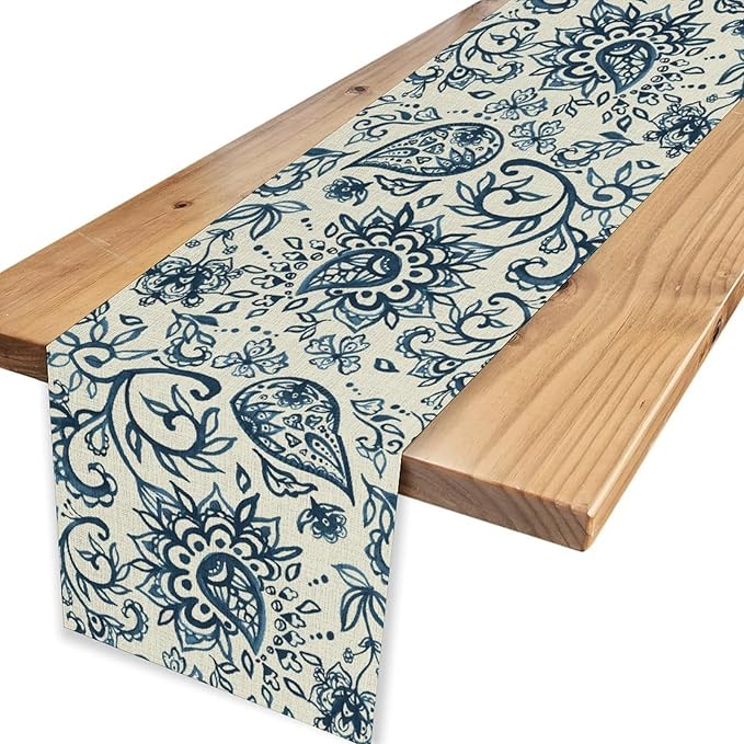 Blue Paisley Table Runner, Vintage Damask Antique Floral Flower Boho Damask Swirled Rustic Coffee Table Center Decor for Family Kitchen and Living Room Outdoor Table Decorations, 13"x108"