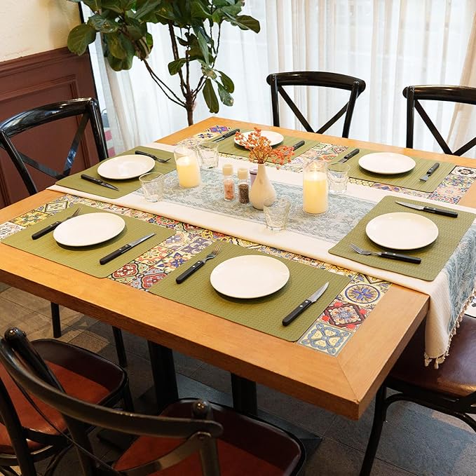 Faux Leather Placemats Set of 4 – 17x12 Inch Vinyl Table Mats, Heat Resistant, Non Slip, Wipeable & Washable, Easy to Clean Dining Table Decor for Kitchen & Dining Room（Olive Green）