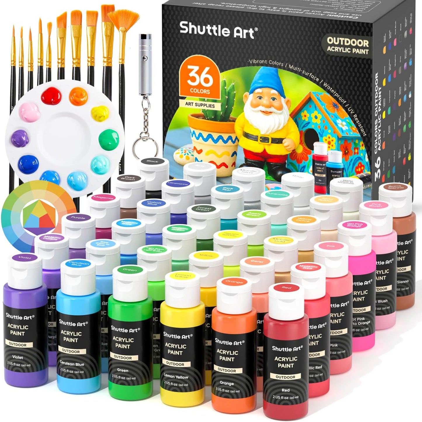 Shuttle Art Outdoor Acrylic Paint Set, 36 Colors 2oz/60ml Waterproof Acrylic Paint with 10 Brushes 1 Palette, Rich Pigmented Paints for Artists, Beginners on Rocks, Wood Crafts, Garden Statues