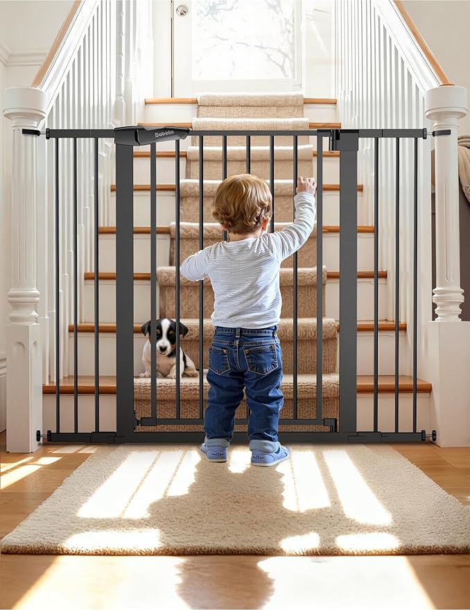 BABELIO 36" Tall Baby Gate, 29-48" Auto-Close & Pressure Mounted, Black Steel Dog Gate for Stairs & Doorways