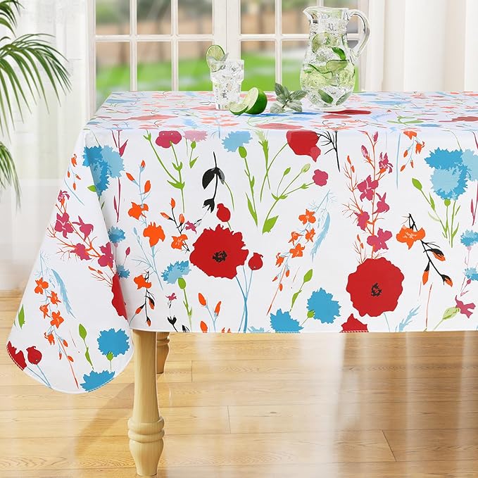 misaya Rectangle Waterproof Vinyl Table Cloth, Wipeable Tablecloth with Flannel Backing, Plastic Table Cover for Dinner, Picnic, Indoor and Outdoor (Flowers, 52" x 70")