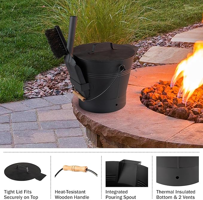 Pure Garden Ash Bucket - Metal Bucket with Lid (2.11-Gallon), Broom, and Shovel for Fireplace or Firepit Ashes - Fireplace Tools (Black) - 1 Count