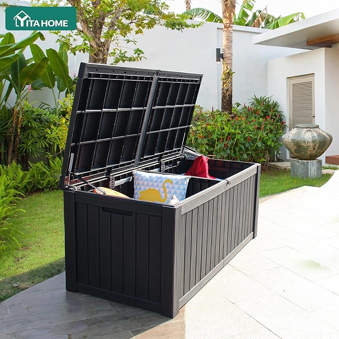 YITAHOME 150 Gallon Large Deck Box w/Divider, XL Waterproof Outdoor Storage for Patio Furniture,Outdoor Cushions, Garden Tools, Sports Equipment and Pool Supplies, Resin, Lockable, Black