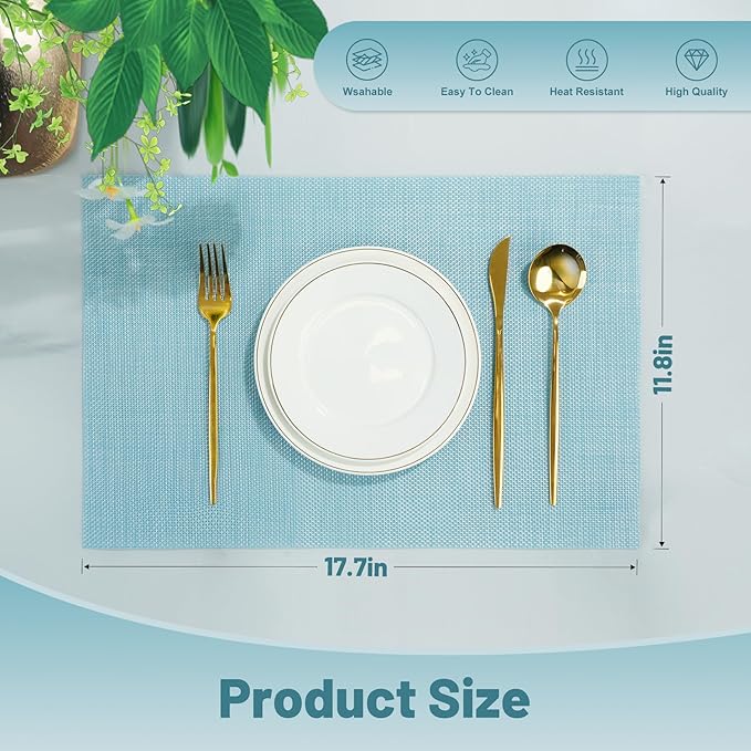Placemats Set of 6，Non-Slip PVC Weave Table Mats Easy to Clean，Heat Resistant Place Mats for Kitchen Dining Table Decoration Indoor Outdoor，Blue