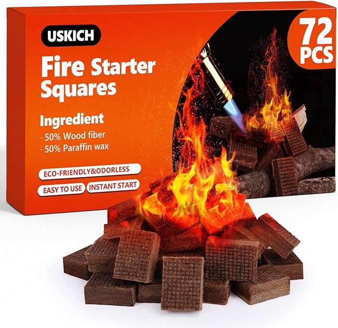 USKICH Fire Starter Squares 72Pcs,Natural Fire Starters for Campfires,Grill,BBQ,Wood Stove -Waterproof,Weather Resistant Fire Starters for Fireplace-Camping Firestarter Cubes Accessories Kit