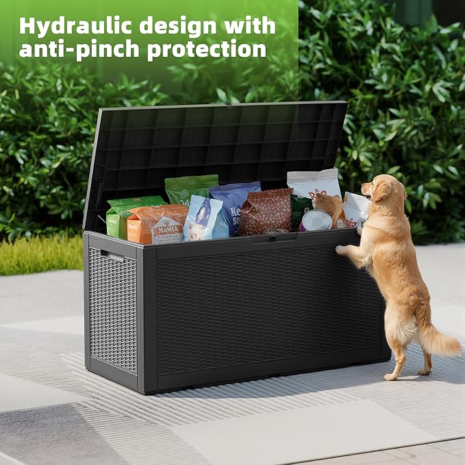 EasyUp 120 Gallon Outdoor Storage Box Waterproof, UV Resistant Resin Deck Box with Hydraulic Rod, Reinforced Stability for Patio, Garden, Rattan Black