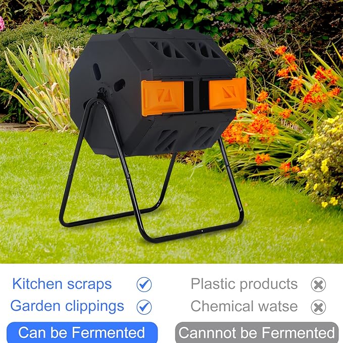 FDW Outdoor Compost Bin,43 Gallon Dual Chamber Tumbling Composting Bin with Sliding Doors Compost Tumbler for Garden Patio Kitchen Yard,Orange Door