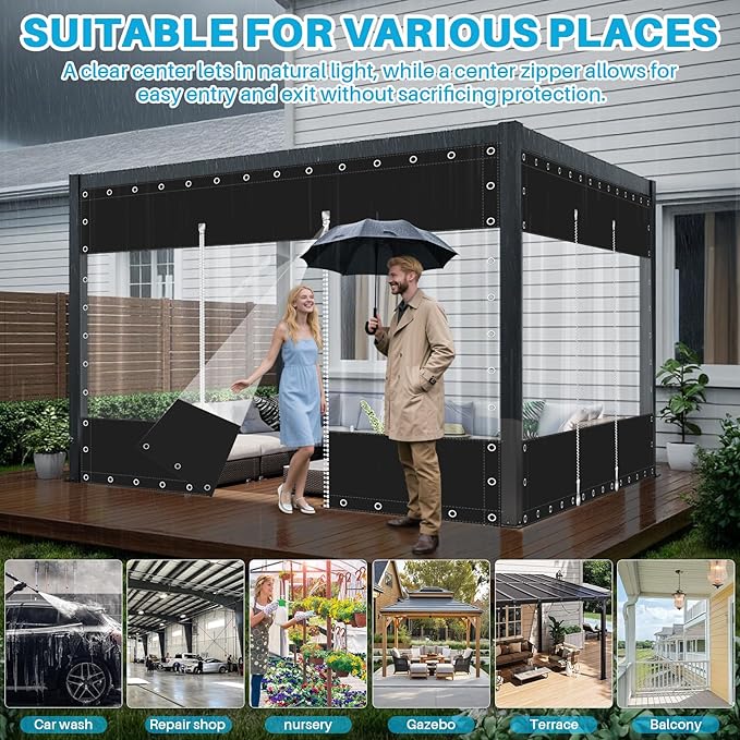 Clear Vinyl Curtains with Zippered Entry, 23oz Heavy Duty Waterproof Anti-UV and Tear-Resistant Tarpaulin with Grommets, Weatherproof Panels for Porch, Pergola, Gazebo, Balcony, Patio, Enclosure